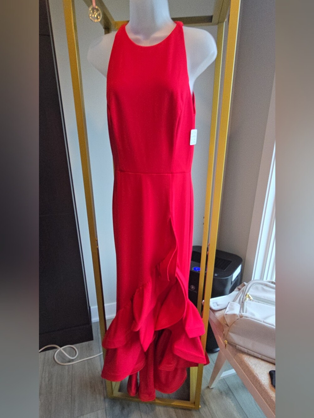 Betsy & Adam Red Ruffled Hem Halter Evening Gown